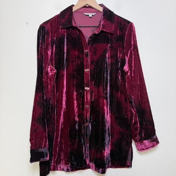 John Mark Tops - John Mark Women Burnout Velvet Button‎ Front Top Medium Burgundy Lagenlook Tunic